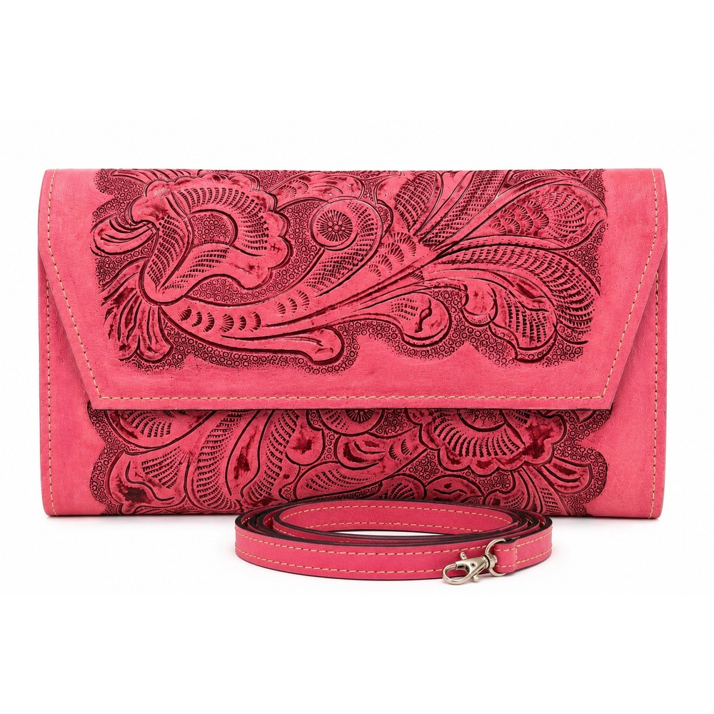 NEW Handmade Tooled Leather Floral Crossbody Wallet Clutch Pink Western Purse